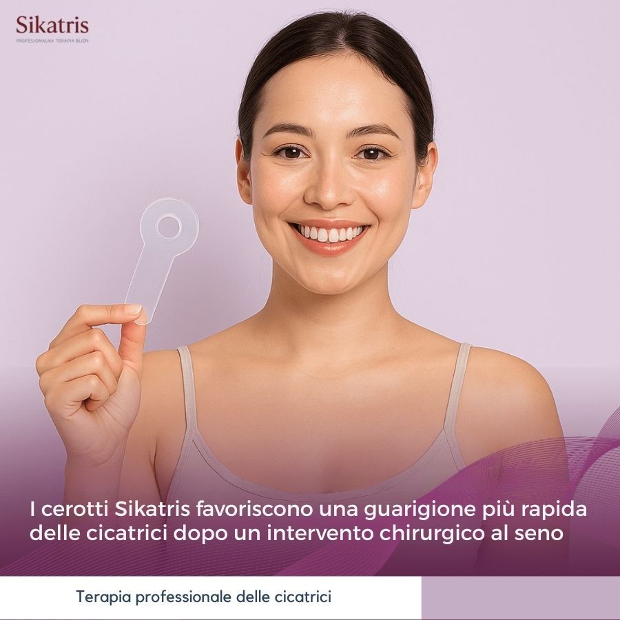Frau hält ein Pflaster. Text: Sikatris. Professionelle Narbentherapie. Frau lächelt.