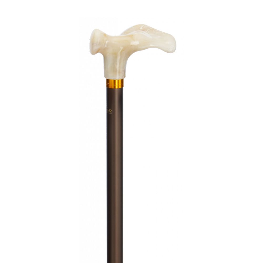 Gehstock mit hellem, marmoriertem Griff und braunem Schaft. Der Griff ist ergonomisch geformt. Goldfarbener Ring am Übergang.