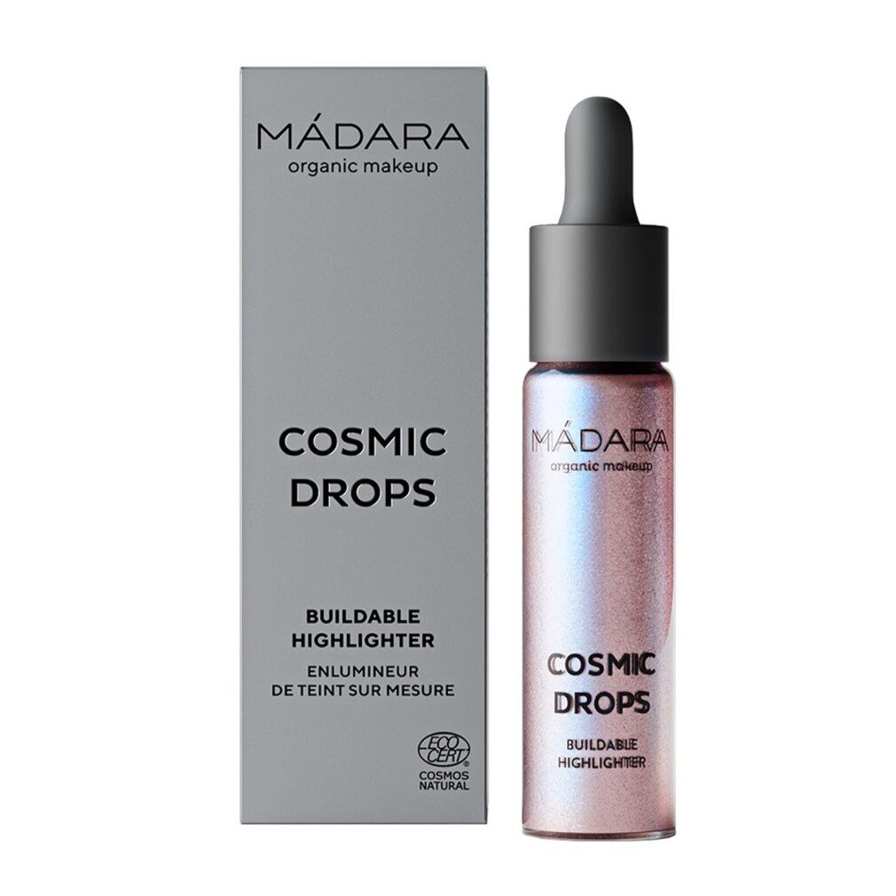 Flüssiger Highlighter mit Pipette und Verpackung. Text: MÁDARA, Cosmic Drops, Buildable Highlighter. ECOCERT-Zertifizierung.