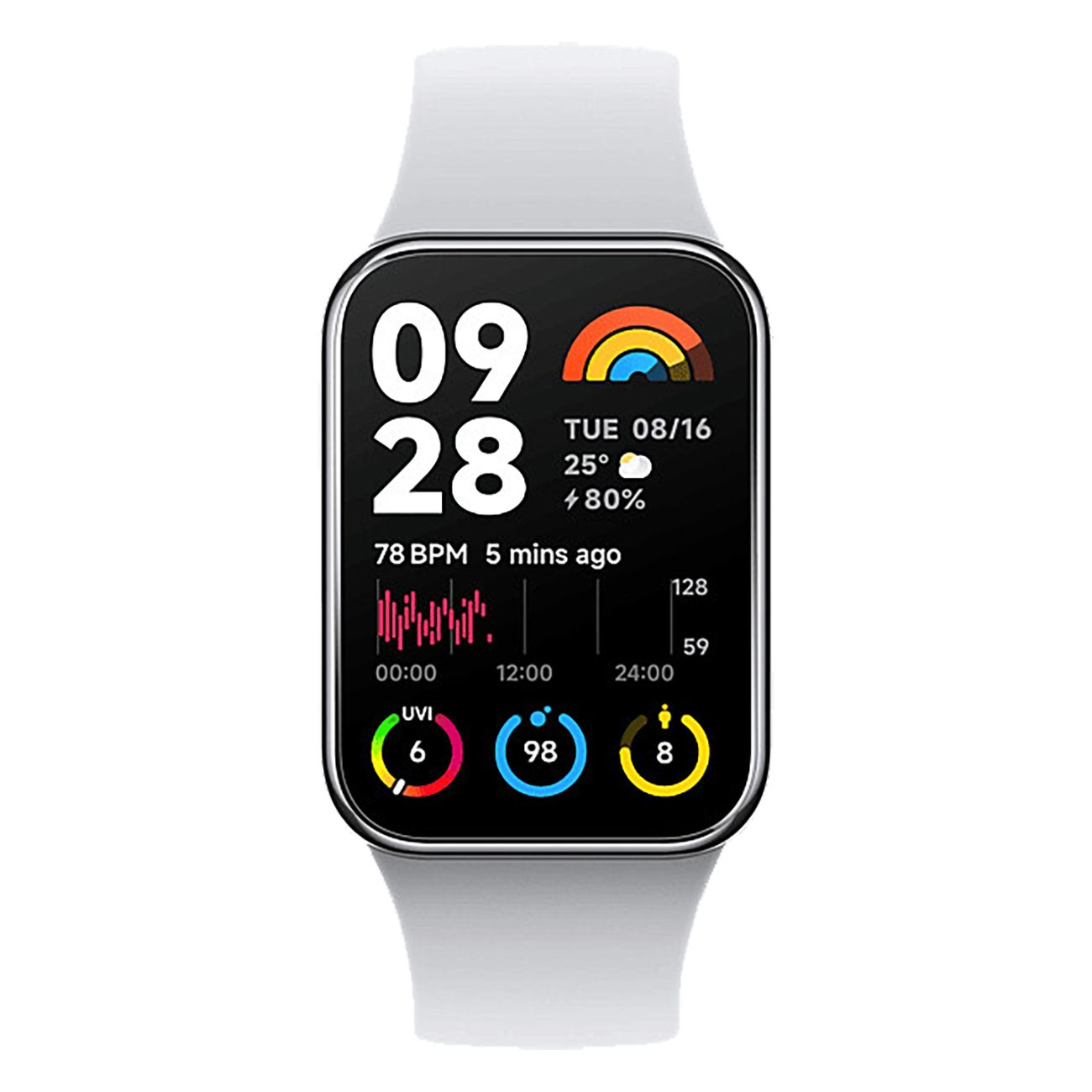 Fitness-Tracker mit weißem Armband und schwarzem Display. Zeigt Uhrzeit, Datum, Herzfrequenz, Wetter und weitere Daten an.