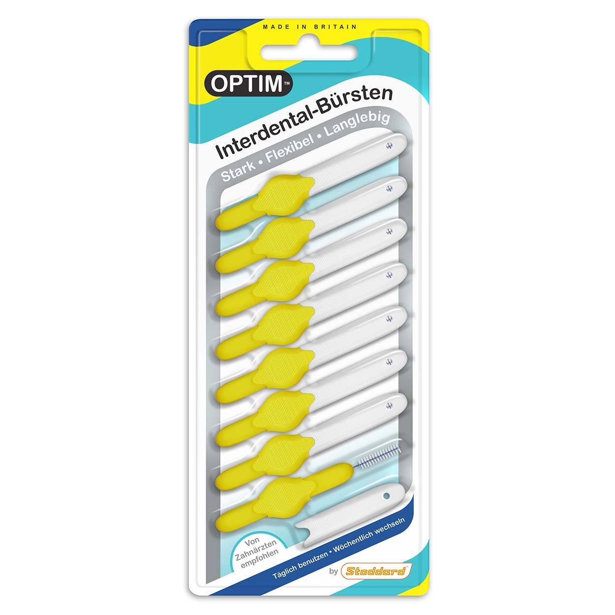 Verpackung mit OPTIM Interdentalbürsten. Gelbe Griffe, weiße Stiele, Borsten. Text: "Interdental-Bürsten", "Stark", "Flexibel", "Langlebig".