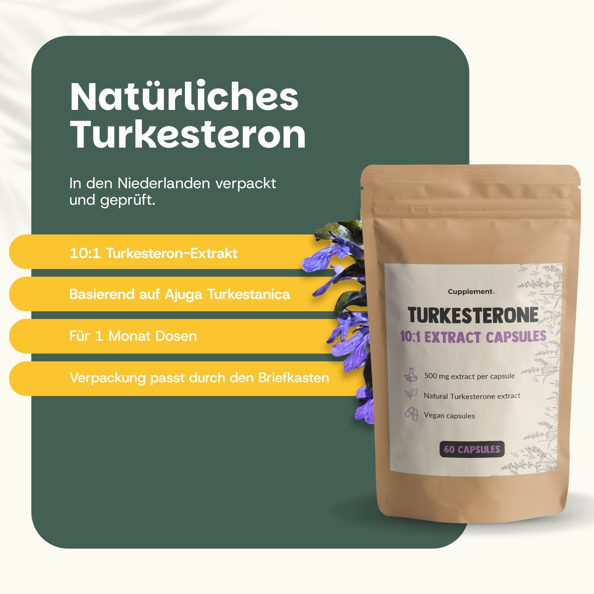 Beutel mit Kapseln. Aufschrift: Turkesterone 10:1 Extract Capsules. 60 Kapseln. Text: 10:1 Turkesterone Extrakt. Auf Ajuga Turkestanica basierend.
