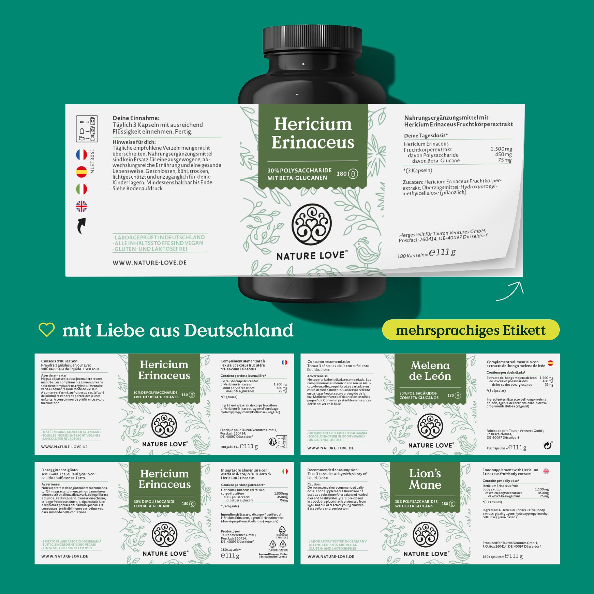 Mehrsprachiges Etikett mit Informationen zu Hericium Erinaceus. Enthält Übersetzungen in verschiedene Sprachen. Marke: NATURE LOVE®.