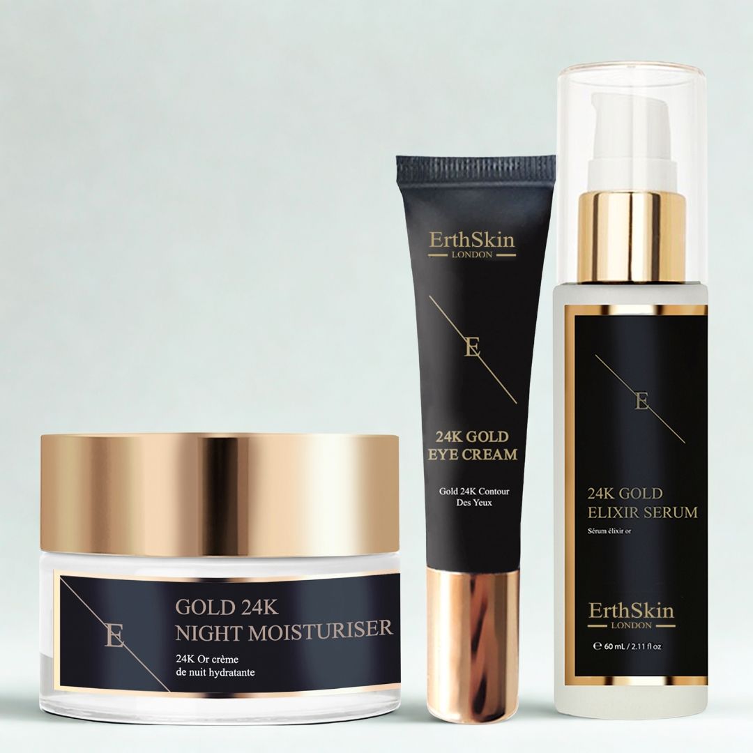Drei Kosmetikprodukte: Nachtcreme, Augencreme und Serum. Schwarze Etiketten mit goldfarbenen Deckeln und Schriftzügen. Marke: ErthSkin London.