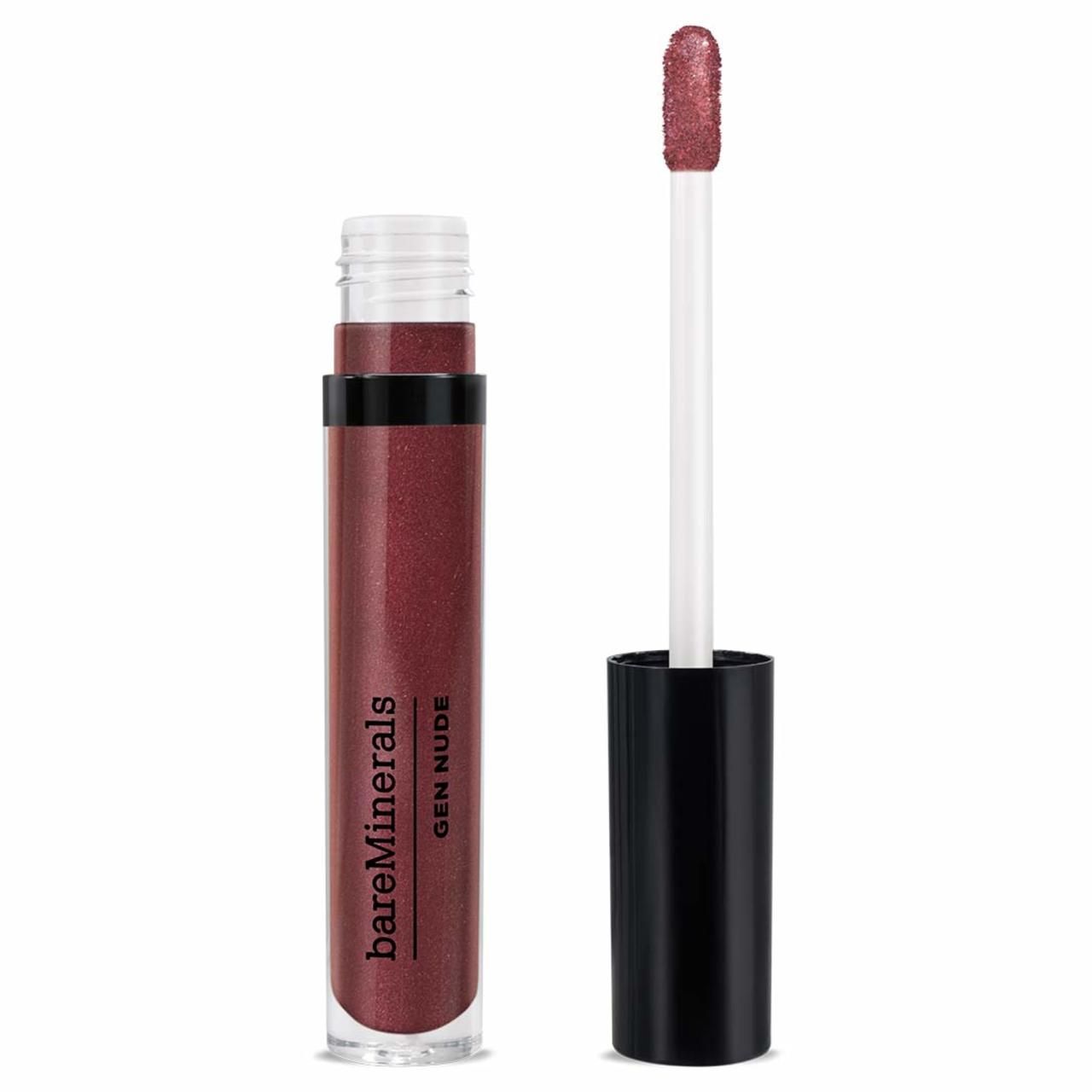 Geöffnete Lippenlack-Tube mit Applikator. Schwarzer Deckel, weißer Stiel. Farbton: Rotbraun.