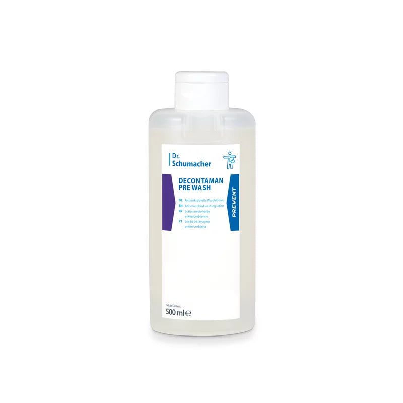 Flasche mit Etikett: Dr. Schumacher Decontaman Pre Wash. Weiße Kappe, transparente Flüssigkeit. 500 ml.
