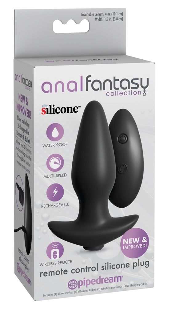 Verpackung mit schwarzem Silikon-Plug, Fernbedienung. Text: 'Anal Fantasy Collection', 'silicone', 'multi-speed', 'rechargeable'.