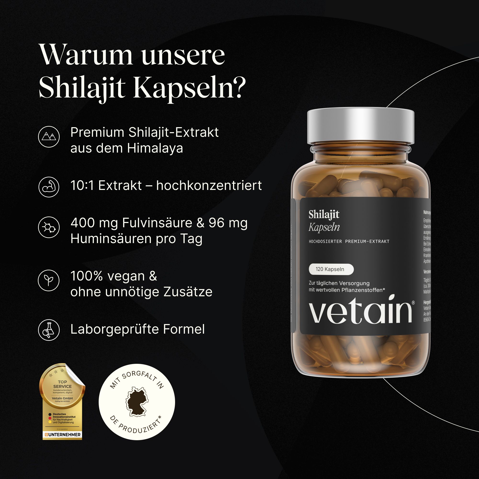 VETAIN Shilajit Kapseln: Braunglasflasche mit 70 Kapseln. Links Vorteile wie Premium-Extrakt, vegan, laborgeprüft.