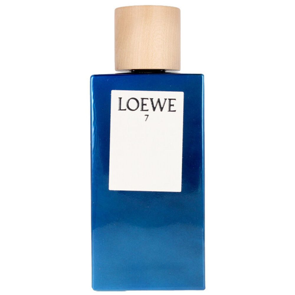 Blaues Parfümflakon mit Holzverschluss. Aufschrift: LOEWE 7. Weißes Etikett.