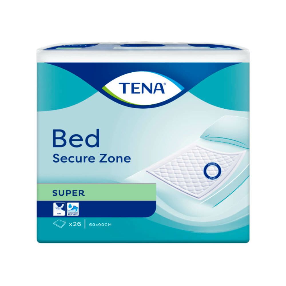 Verpackung von TENA Bed Super. Aufdruck: Bed Secure Zone, SUPER, x26, 60x90cm. Logo TENA. Produktabbildung.
