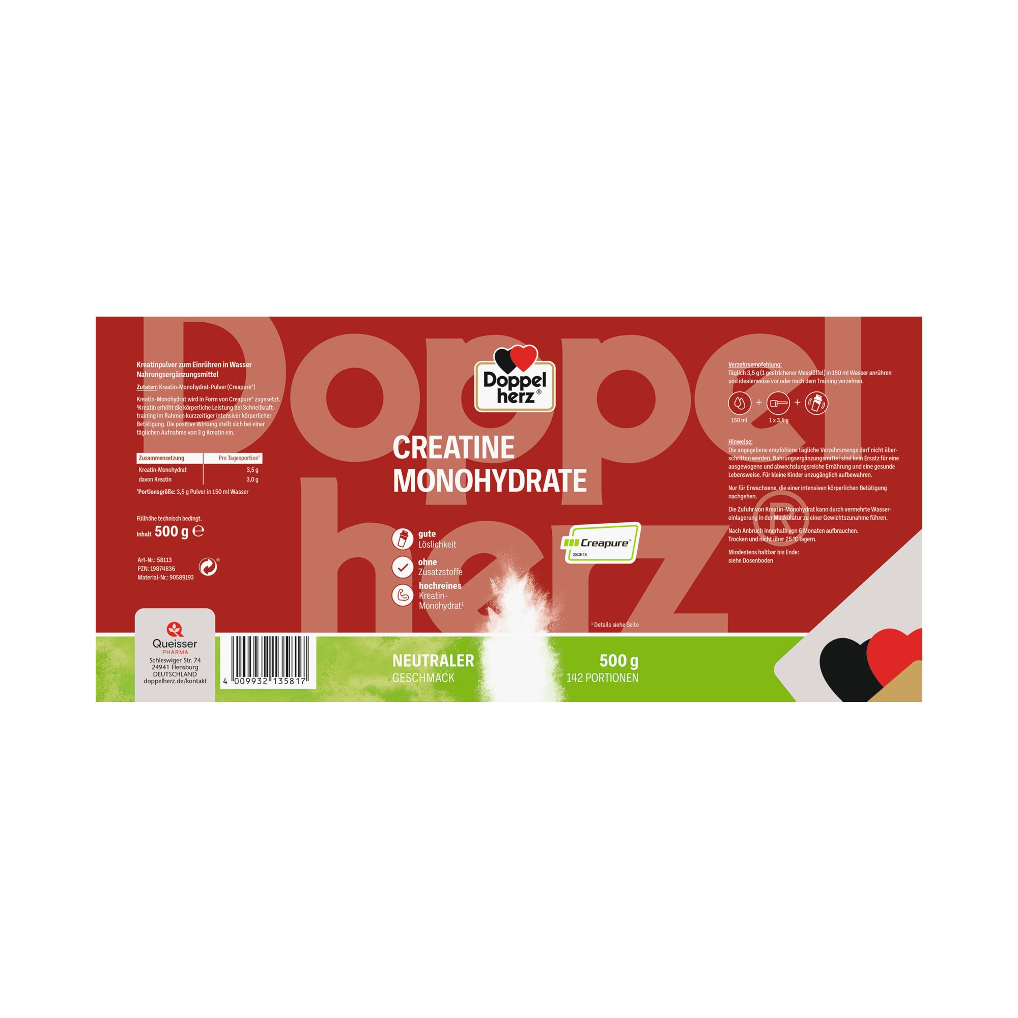 Produktetikett mit rotem Hintergrund. Produktname und Creapure-Logo. Informationen zu Inhaltsstoffen und Nährwerten.