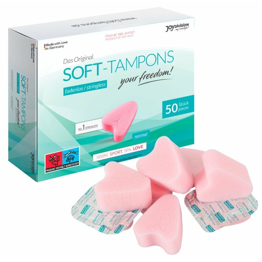 Verpackung mit Soft-Tampons und lose Tampons. Aufschrift: Das Original, fadenlos/stringless, 50 Stück, normal. Marke: joydivision.