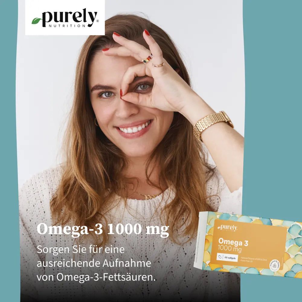 Frau mit Hand vor dem Auge. Packung Omega-3 1000 mg. Text: Sorgen Sie für eine ausreichende Aufnahme von Omega-3-Fettsäuren.