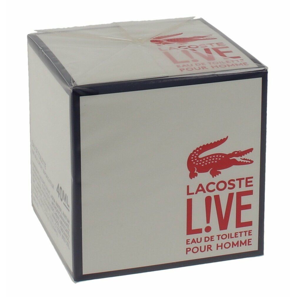 Verpackung. Aufschrift: Lacoste Live Eau de Toilette Pour Homme. Rotes Krokodil-Logo. In Folie verpackt.