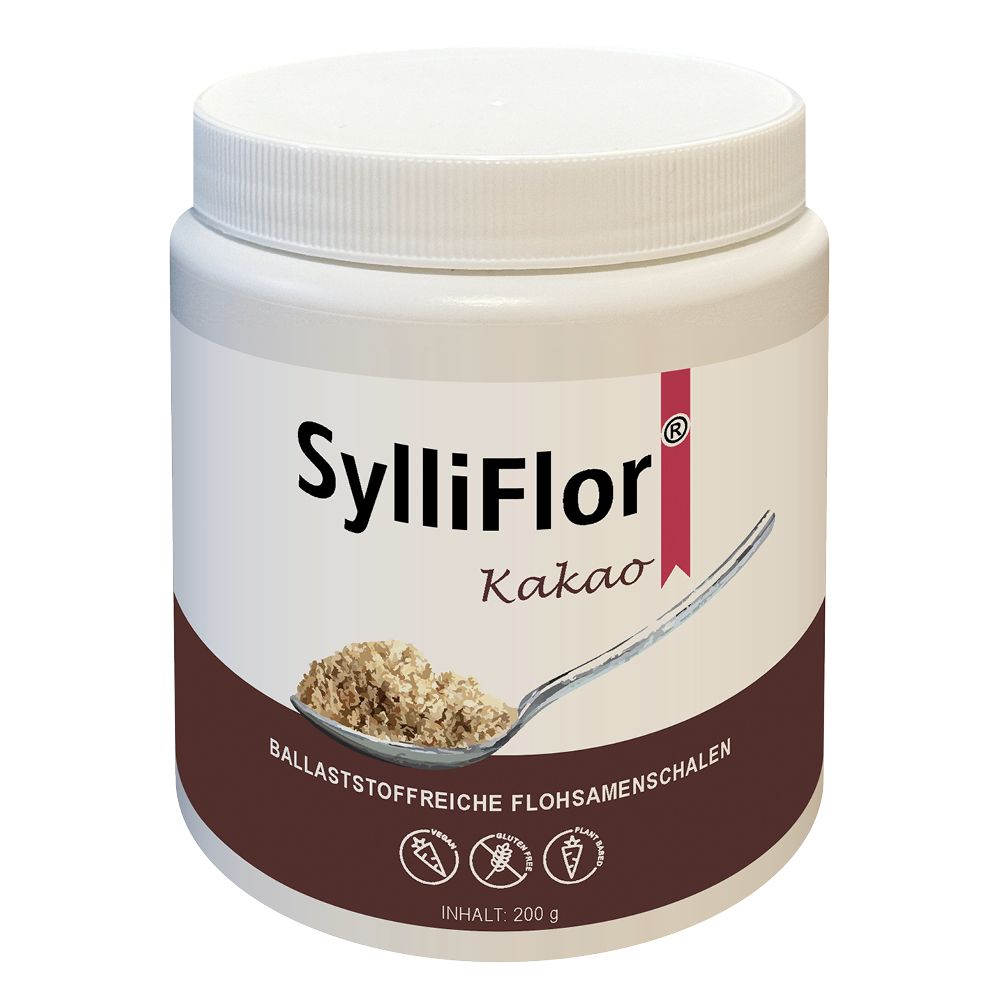 Weißes Produktbehälter mit braunem Etikett. Aufschrift: SylliFlor Kakao, Flohsamenschalen. Löffel mit Inhalt.