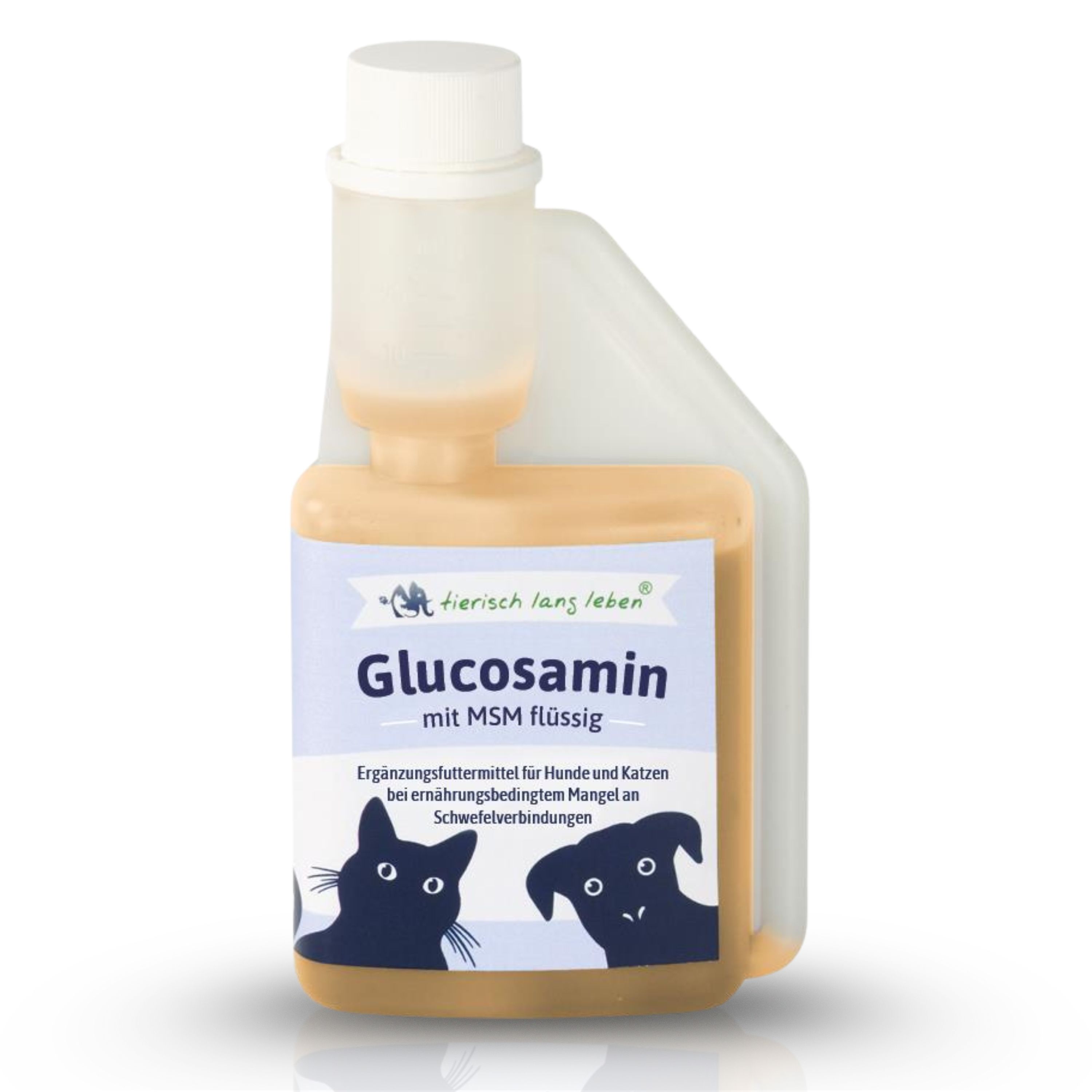 Flüssiges Glucosamin-Ergänzungsfuttermittel für Hunde und Katzen. Flasche mit Dosieraufsatz. Etikett mit Produktnamen und Tierabbildungen.