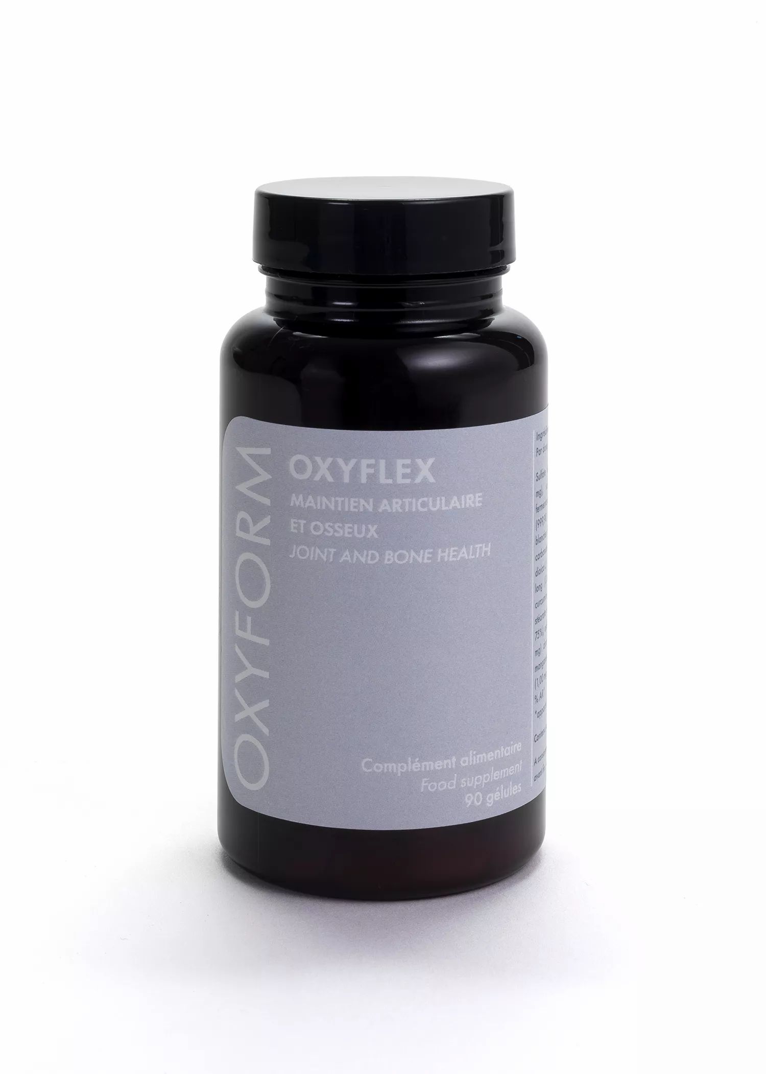 Braune Flasche mit Kapseln. Aufschrift: OXYFLEX, OXYFORM. Text: Maintien articulaire et osseux, Joint and Bone Health.