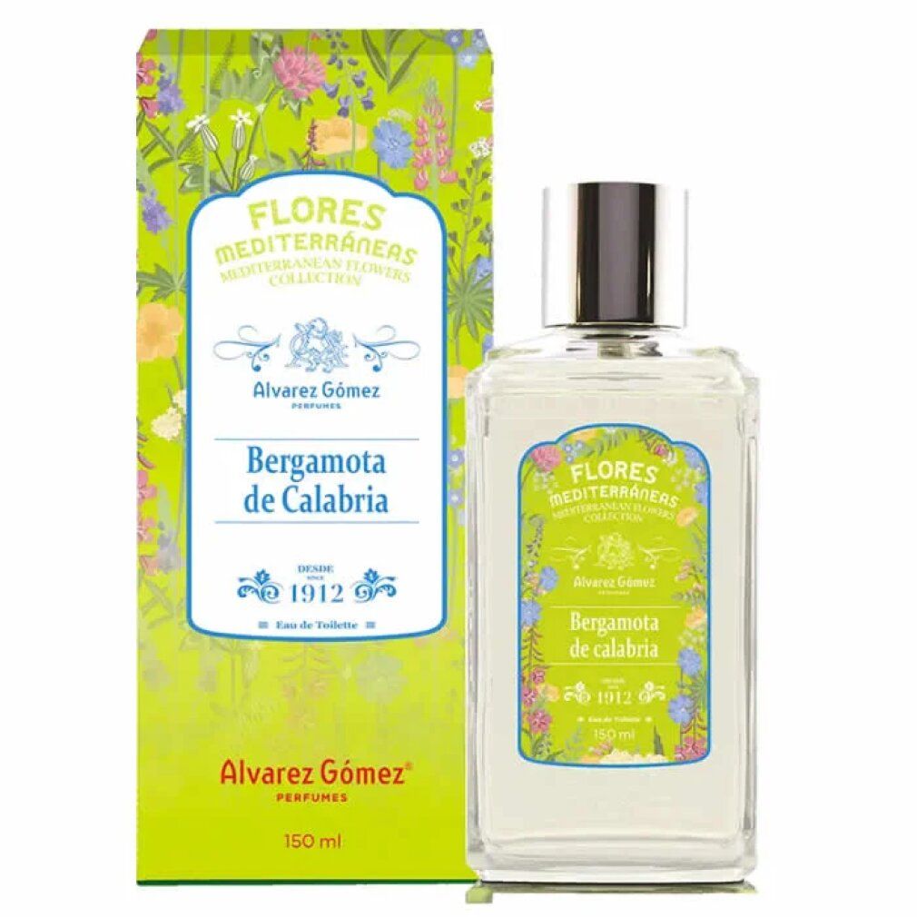 Flakon und Schachtel. Aufschrift: Flores Mediterráneas, Bergamota de Calabria, Alvarez Gómez. Grüne Verpackung, 150 ml.