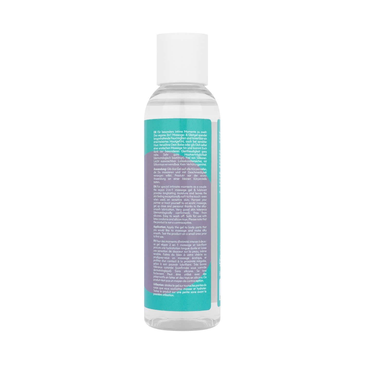 Dos d'un flacon transparent avec bouchon blanc. Texte sur fond turquoise et violet. Informations sur le produit.