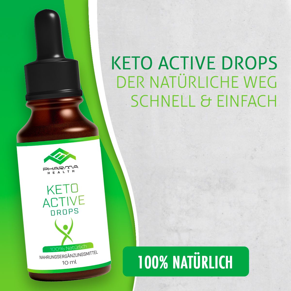 Braune Flasche mit schwarzem Tropfer. Text: "Keto Active Drops", "Der natürliche Weg schnell & einfach" und "100% Natürlich".
