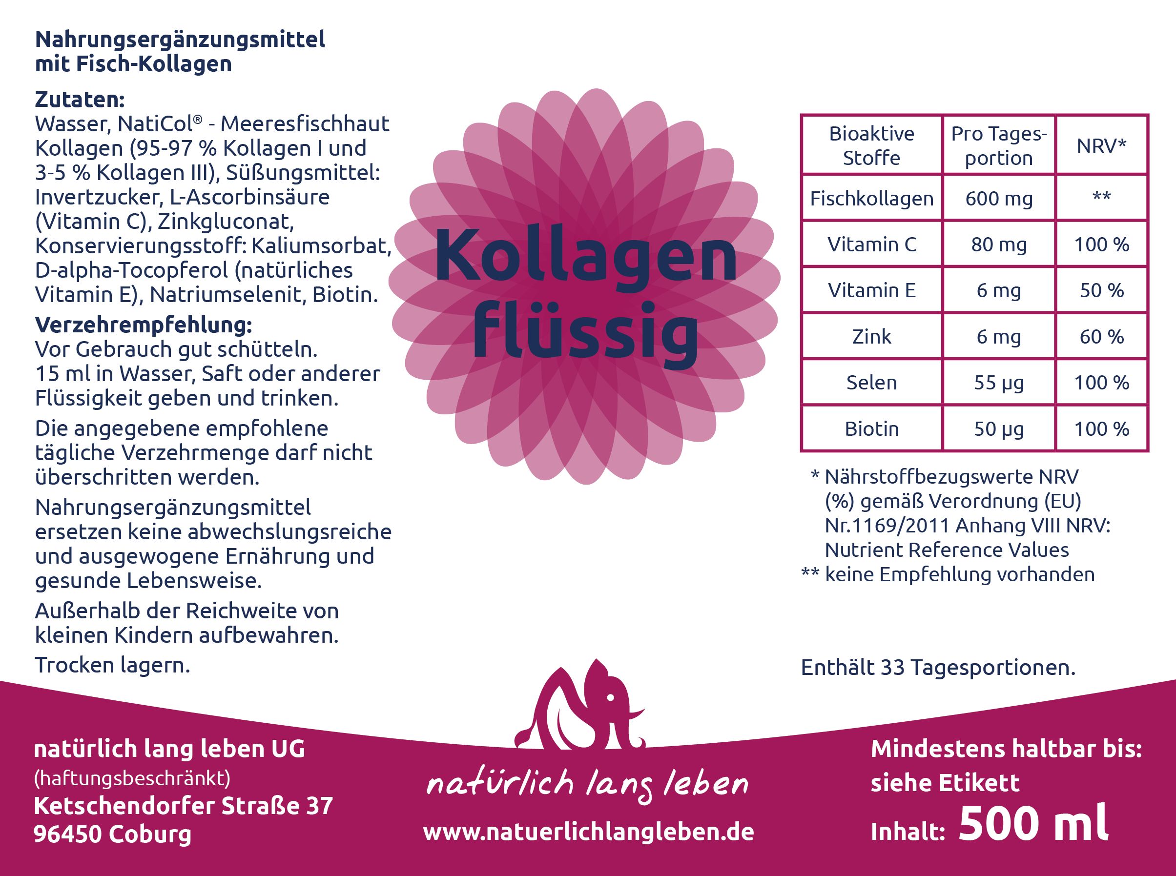 natürlich lang leben Kollagen flüssig 500 ml Flüssigkeit