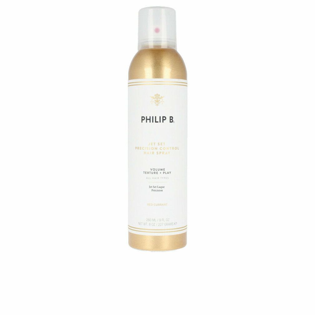 Haarspray-Dose mit goldfarbenem Oberteil und Boden. Weißes Etikett mit schwarzem Text: PHILIP B, Jet Set Precision Control Hair Spray.