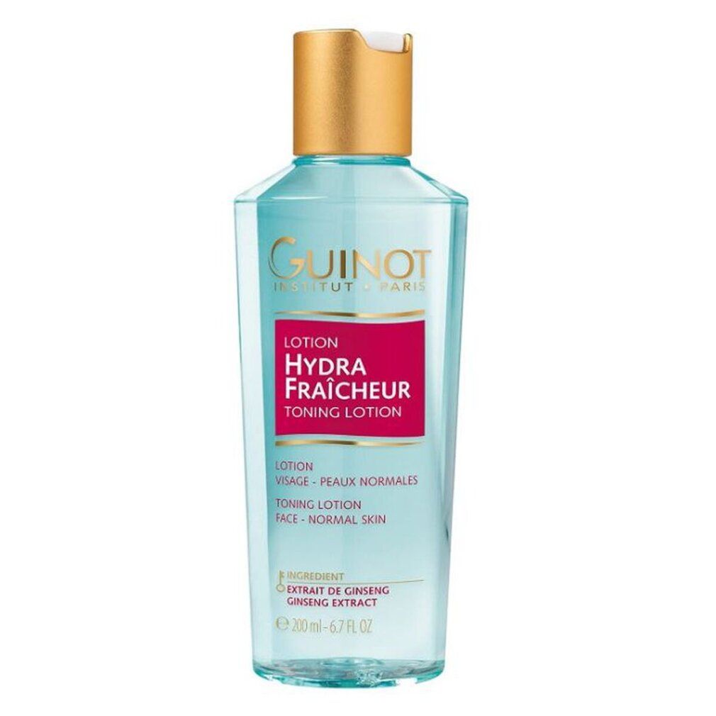 Guinot Lotion Hydra Fraicheur. Flasche mit goldfarbenem Deckel. Rotes Etikett mit Produktbezeichnung. Blaue Flüssigkeit sichtbar.