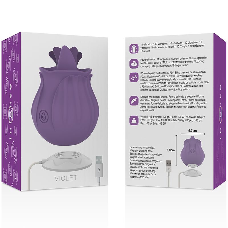 Verpackung mit lila Stimulator, Ladestation und USB-Kabel. Produkt in Blütenform. Text: VIOLET, 10 Vibrationen.