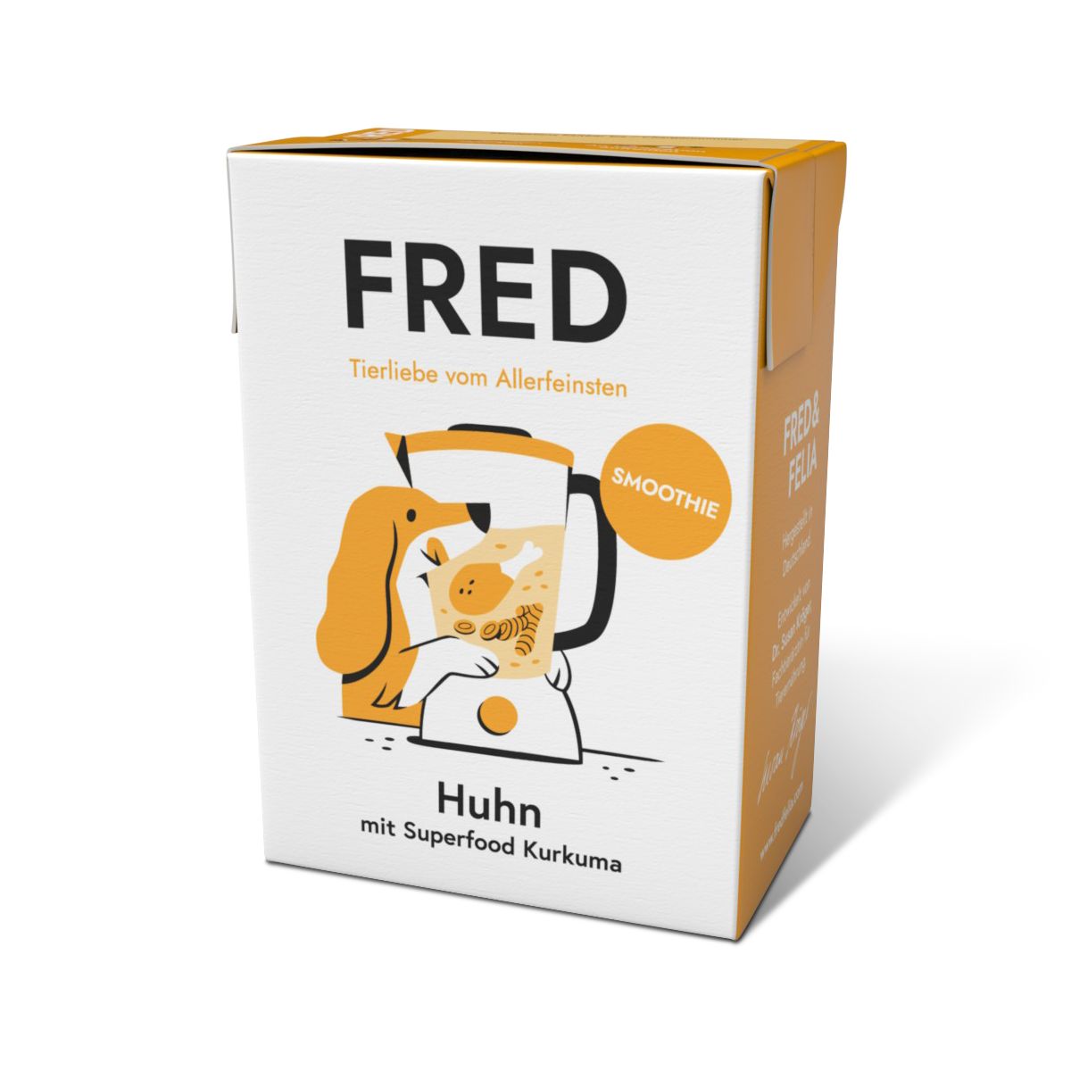 Karton FRED Smoothie Huhn, Illustration Hund am Mixer. Text: Huhn mit Superfood Kurkuma.