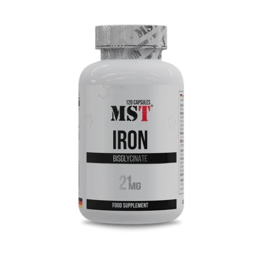 Weiße Flasche mit MST Iron Bisglycinate. 120 Kapseln. Schwarze Schrift auf weißem Etikett. 21mg.