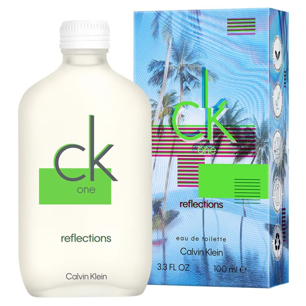 Flasche und Verpackung von CK One Reflections. Flasche mit weißem Deckel, grüner Schrift. Verpackung mit Palmenmotiv.