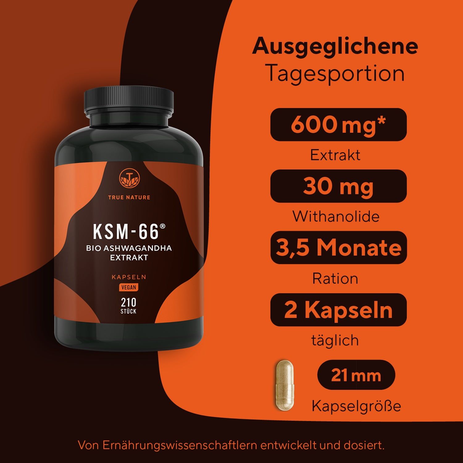 TRUE NATURE® Bio Ashwagandha Extrakt Kapseln (KSM-66®) - Premium Markenrohstoff