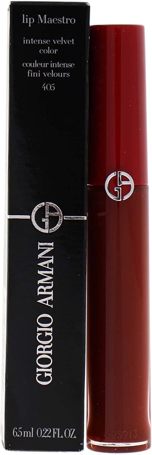 Lippenstift Giorgio Armani Lip Maestro 405 mit Verpackung. Schwarze Schachtel, roter Stift. Text: Lip Maestro, Giorgio Armani.