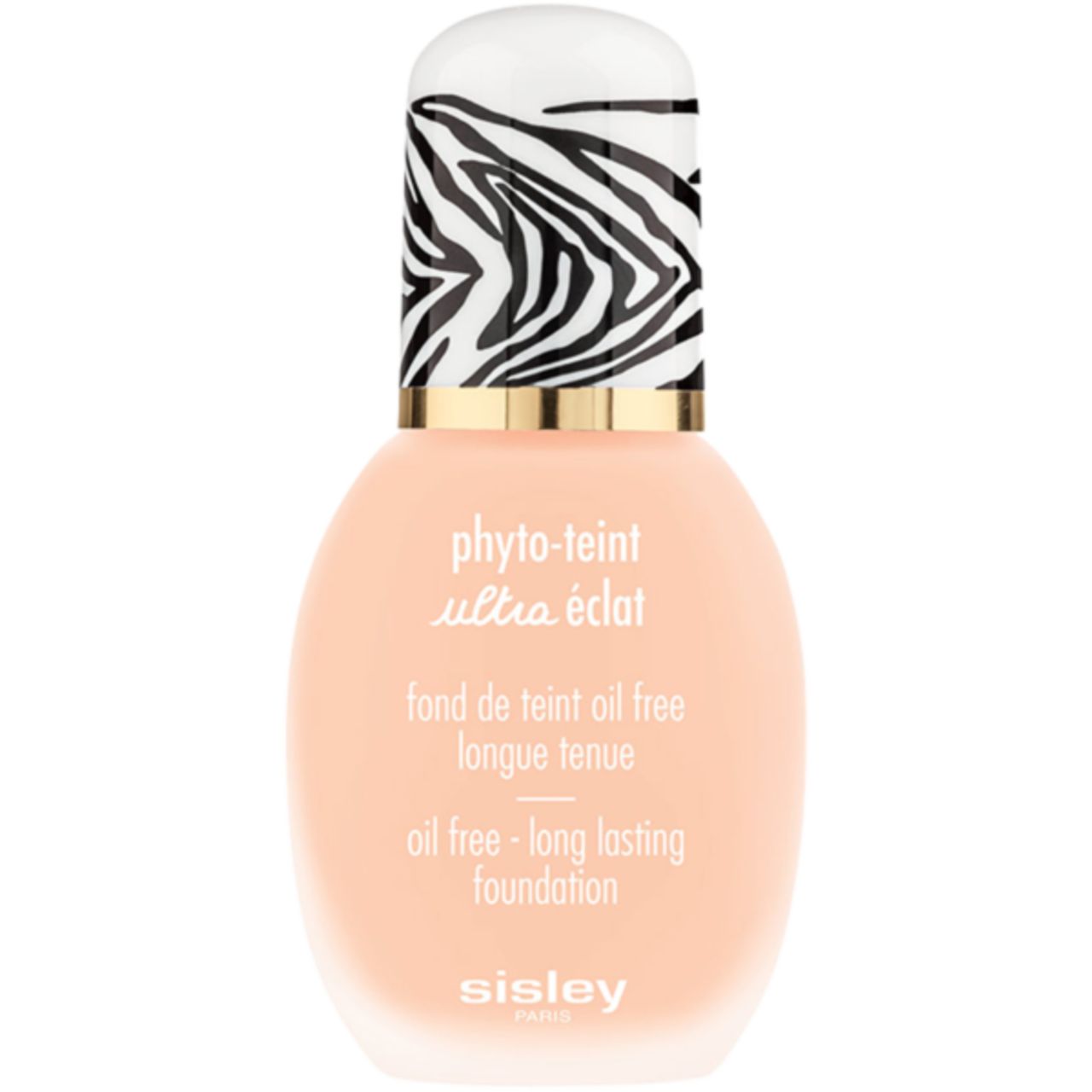 Flakon Sisley Phyto-Teint Ultra Eclat. Ovaler, rosafarbener Behälter mit Zebra-Muster-Deckel. Text: Phyto-Teint Ultra Eclat, oil free, long lasting foundation.