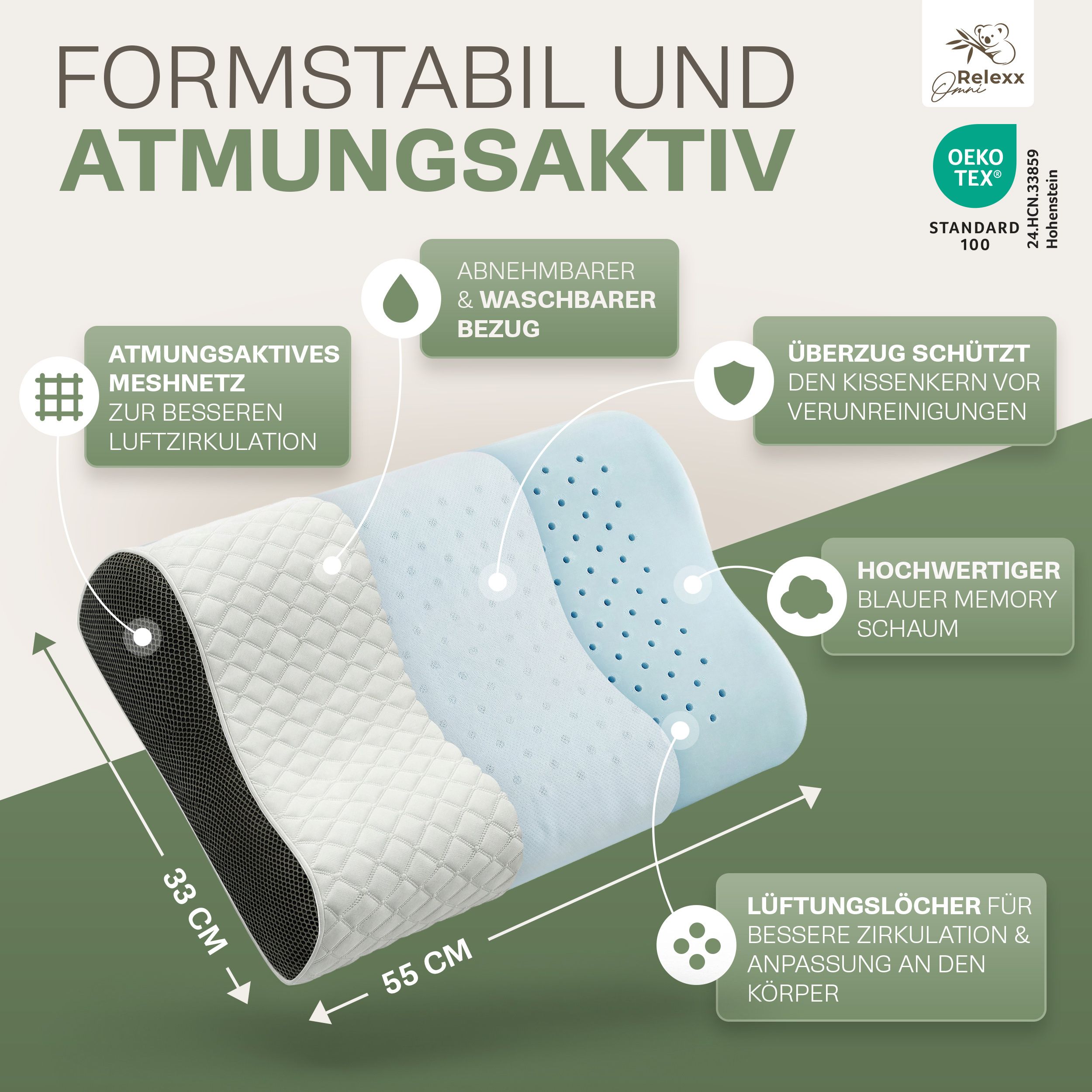 Kissen mit 33 cm x 55 cm. Merkmale: atmungsaktives Mesh, abnehmbarer Bezug, Memory-Schaum, Lüftungslöcher. Zertifizierung: Oeko-Tex.