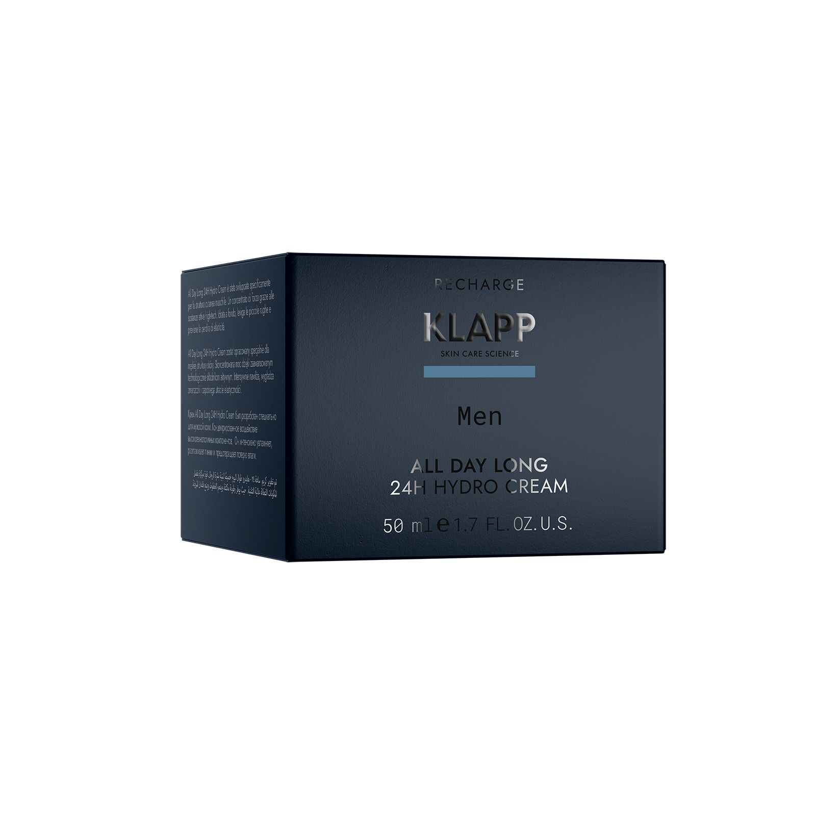 Dunkelblaue Produktverpackung. Aufschrift: KLAPP MEN ALL DAY LONG 24H HYDRO CREAM.