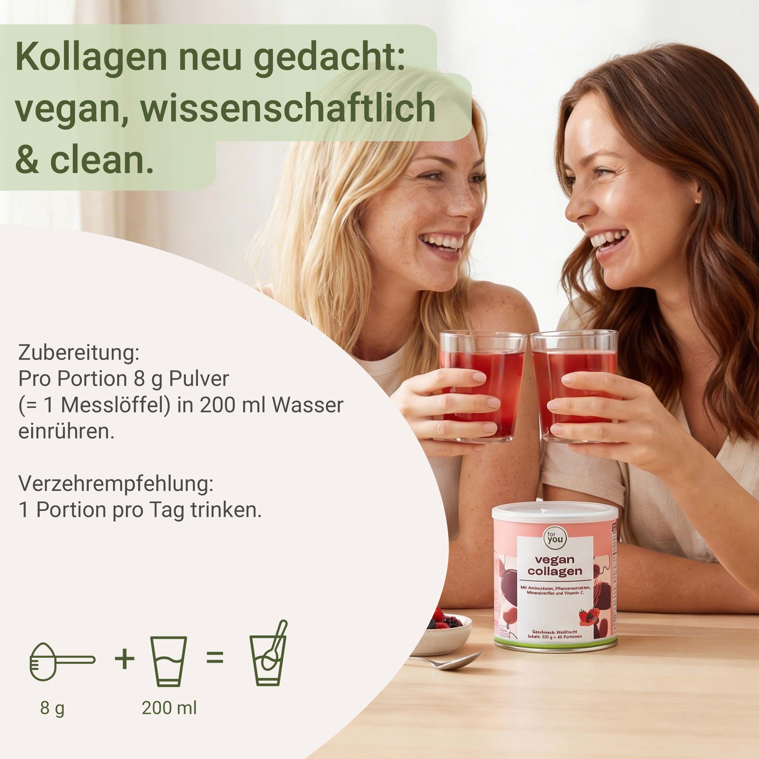 Zwei Frauen trinken Getränke. Dose 'Vegan Collagen' daneben. Text: 'Kollagen neu gedacht: vegan, wissenschaftlich & clean'. Zubereitungshinweis.