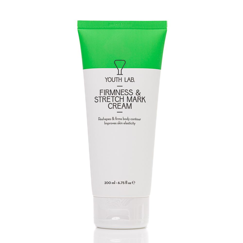 Creme-Tube mit grünem Deckel. Aufschrift: YOUTH LAB Firmness & Stretch Mark Cream. Weiße Tube mit grüner Schrift.