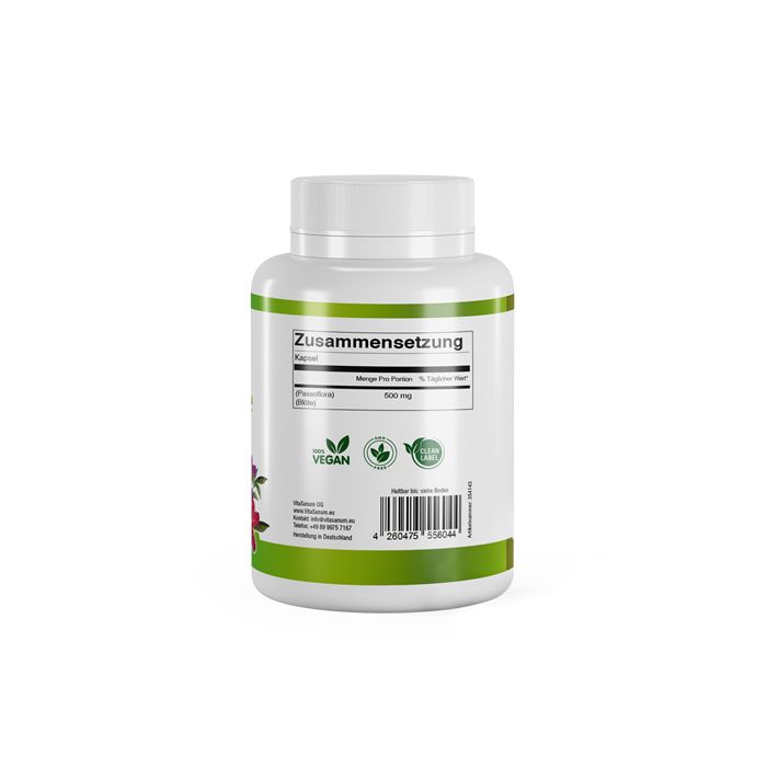 Weiße Kapsel-Dose mit grünem Etikett. Aufschrift: Zusammensetzung, Vegan-Logo, Barcode.
