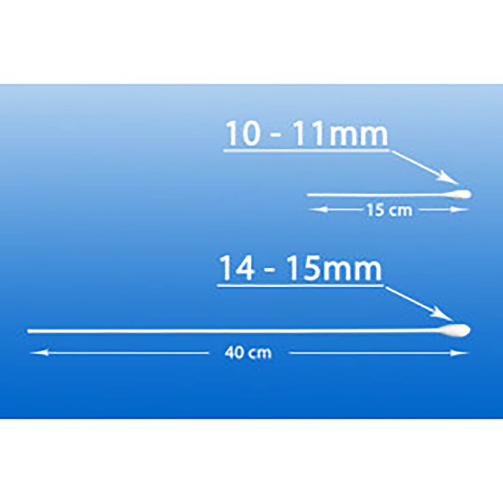 Zwei Wattestäbchen-Größen. Größenangaben: 10-11mm und 14-15mm. Längenangaben: 15 cm und 40 cm.