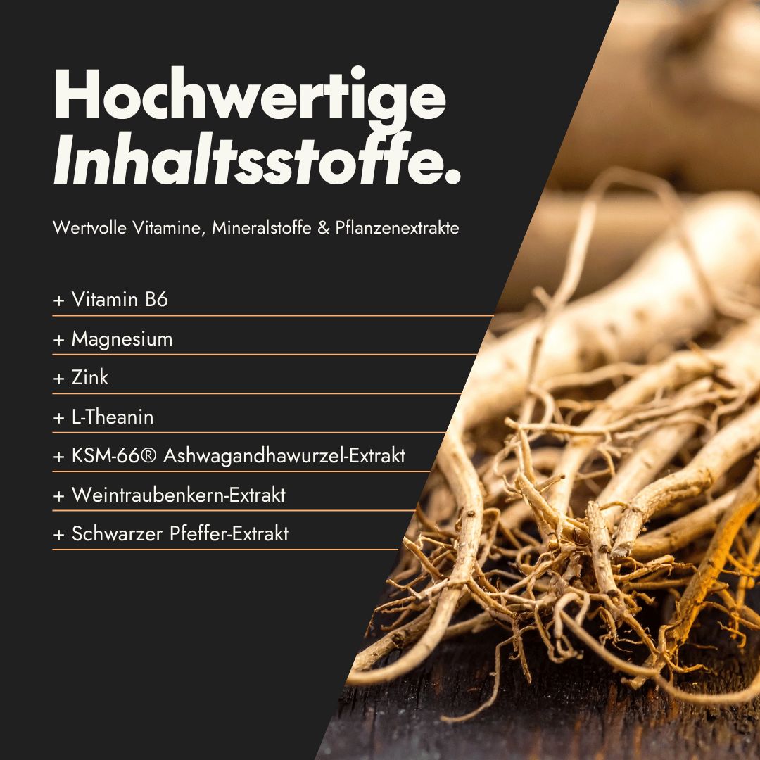 Schwarzer Hintergrund mit Text: Hochwertige Inhaltsstoffe. Vitamine, Mineralstoffe, Pflanzenextrakte. Auflistung der Inhaltsstoffe.