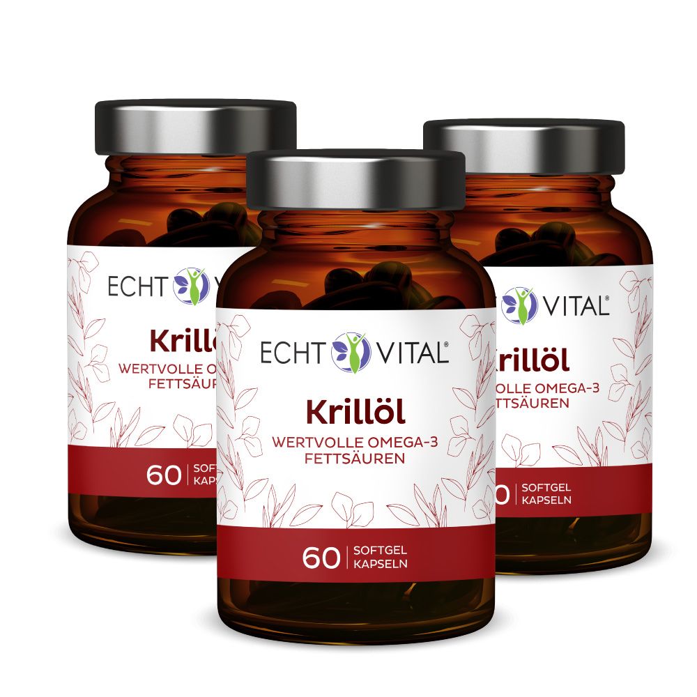 Drei Braunglasflaschen mit Kapseln. Etikett mit "Echt Vital Krillöl" und "60 Softgel Kapseln".