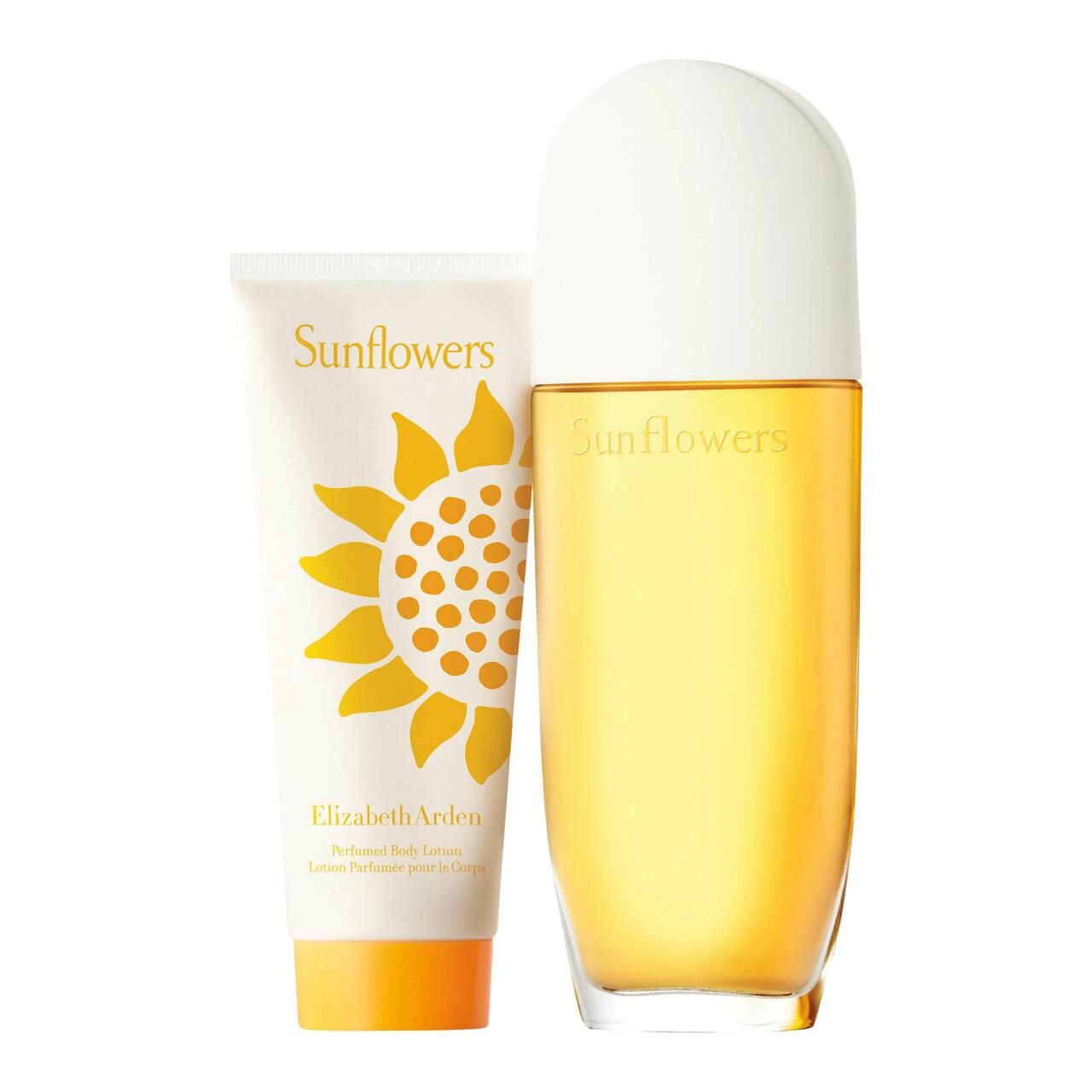 Sonnenblumen-Set. Flakon und Tube mit Sonnenblumen-Logo. Elizabeth Arden-Logo. Gelbe Flüssigkeit im Flakon. Weiße Tube mit gelbem Verschluss.