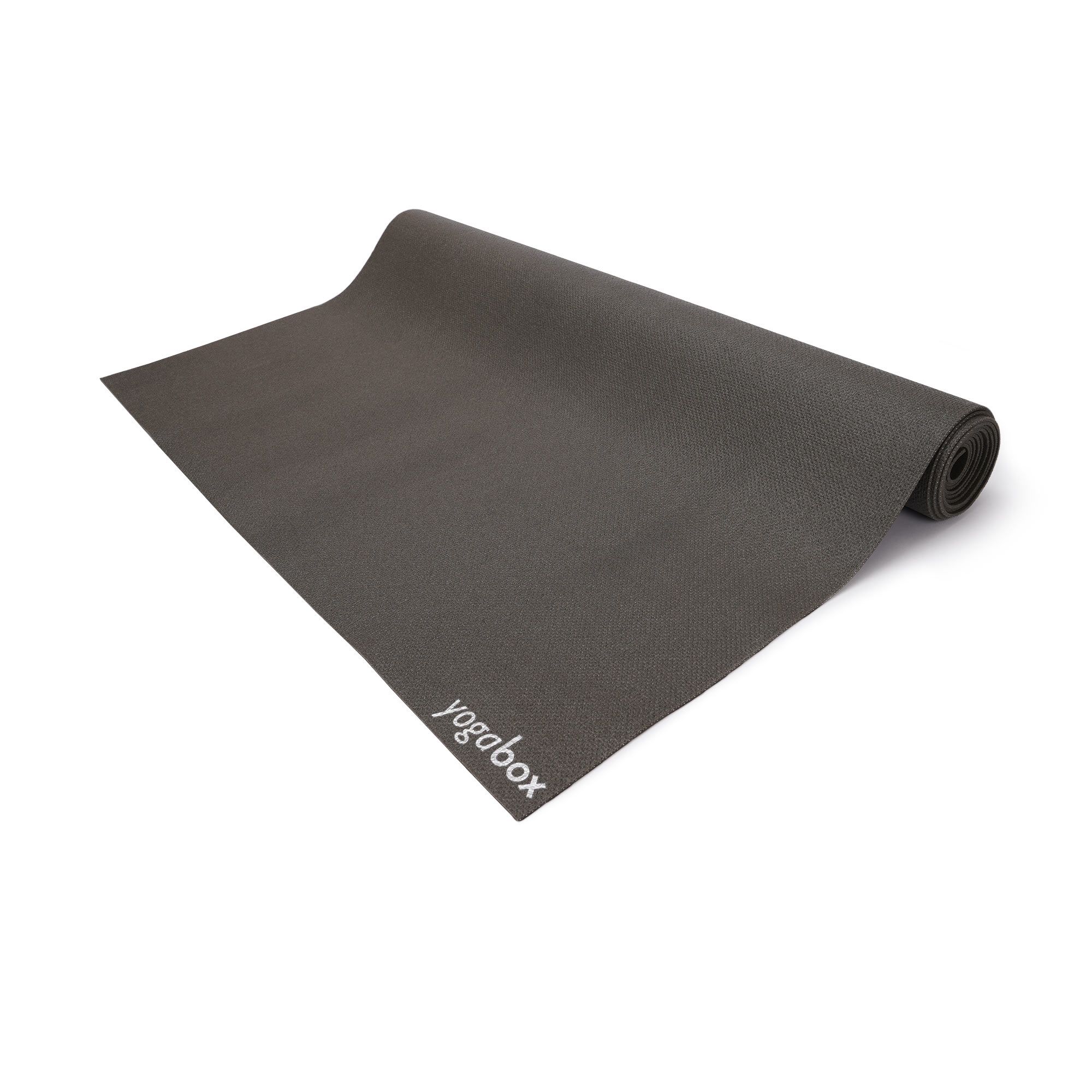 Graue Yogamatte, teilweise aufgerollt, mit "yogabox"-Logo.