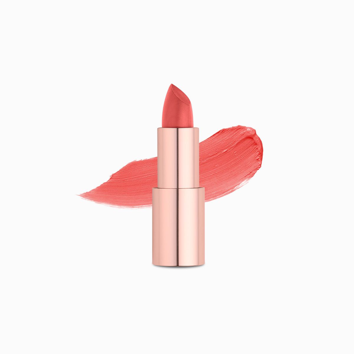 Lippenstift Elegance Flamingo glänzend, roségoldene Hülse, Lippenstiftstrich.