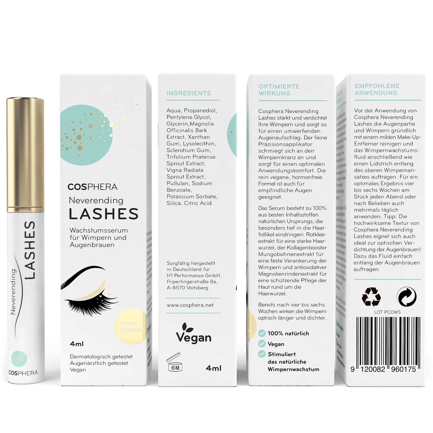Rückseite der Cosphera Neverending Lashes Umverpackung mit Inhaltsstoffen und Anwendungshinweisen.