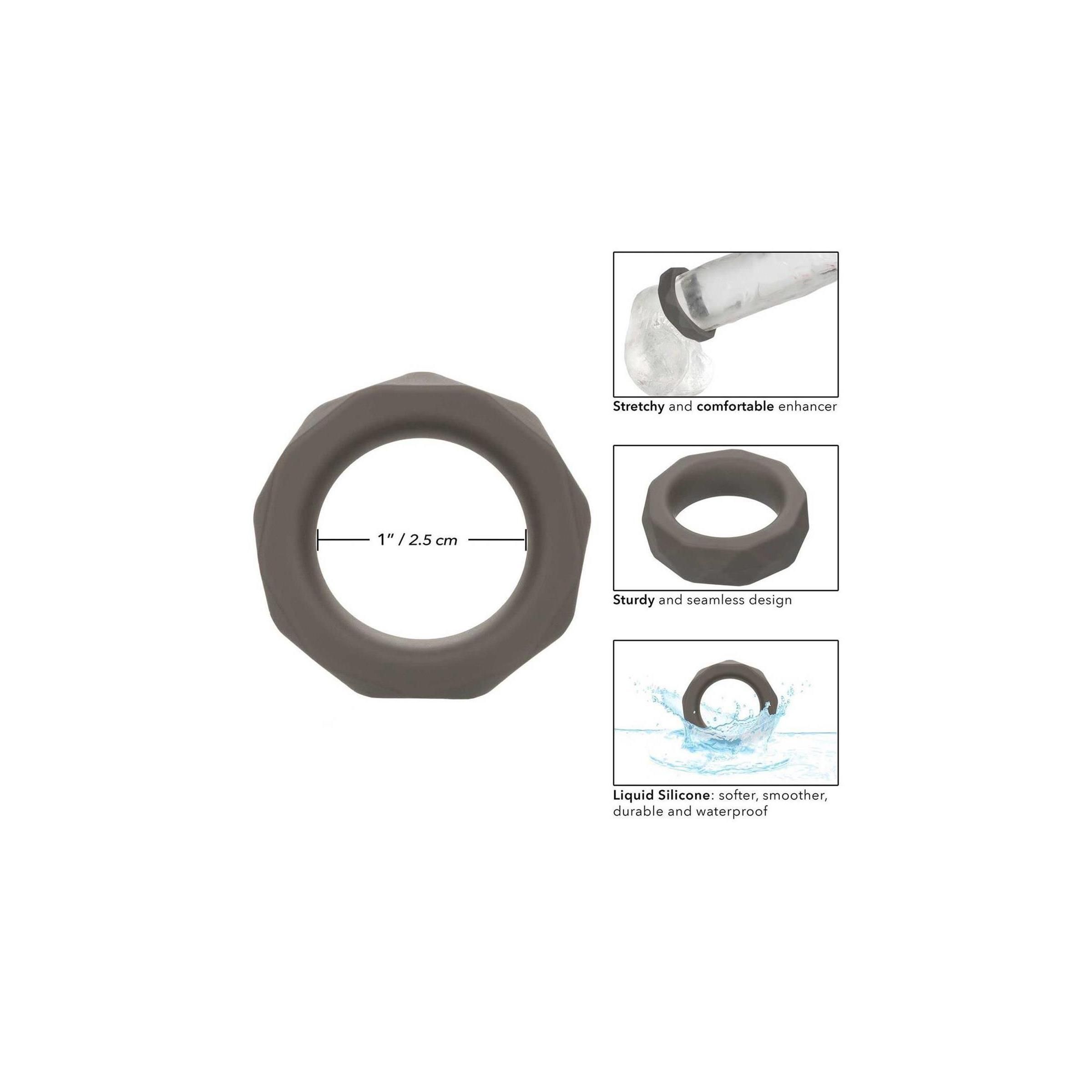 Grauer, prismatischer Ring. Achteckige Form. Durchmesser 2,5 cm. Aus Silikon.