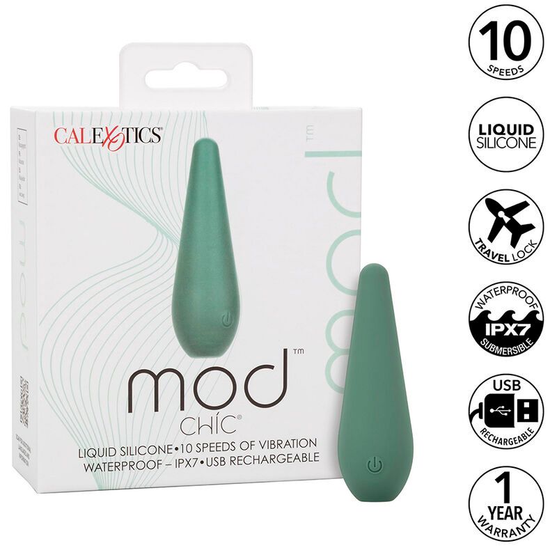 Grünes Massagegerät in Verpackung. Aufschrift: mod chic. Merkmale: 10 Geschwindigkeiten, Silikon, wasserdicht, USB.