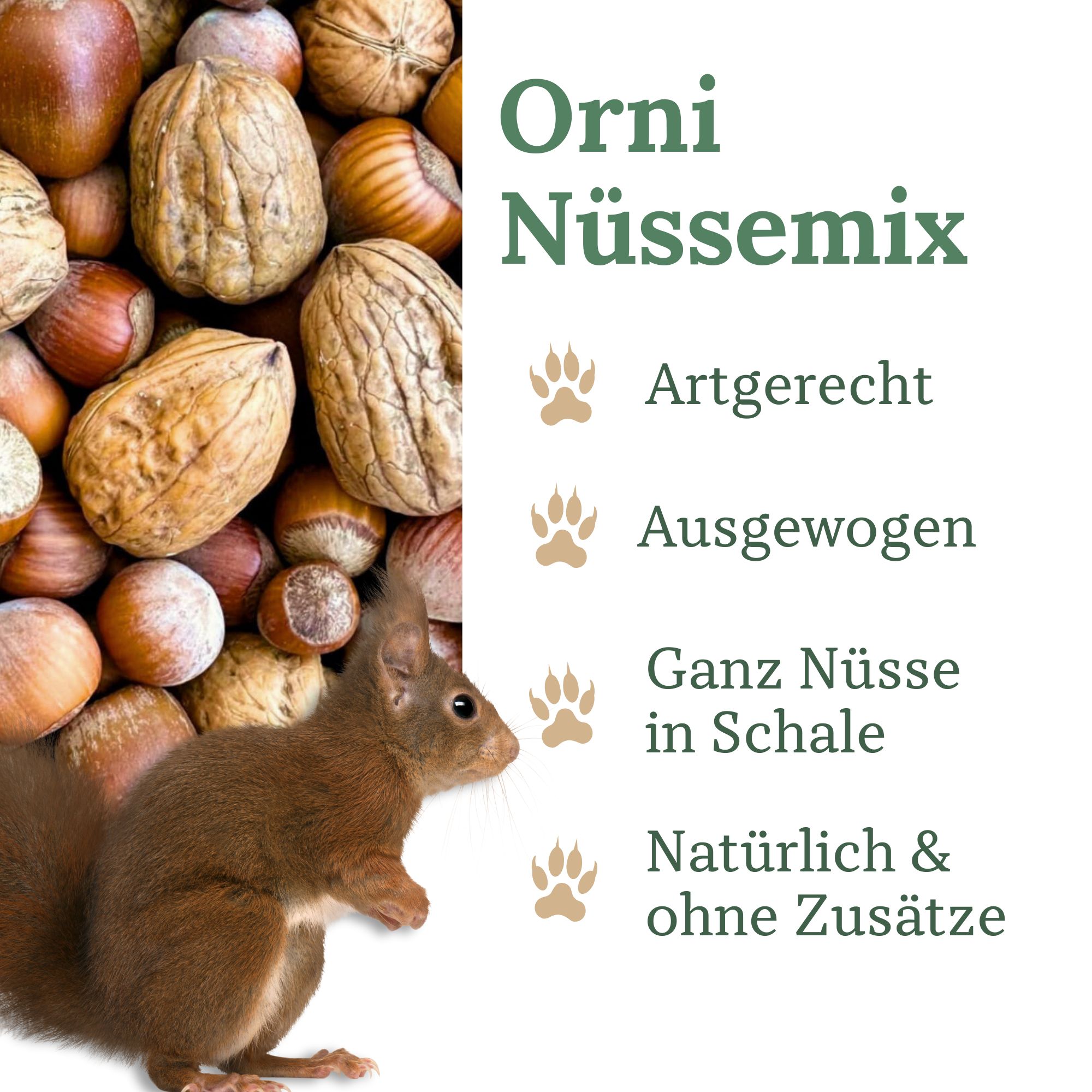 Produktname: Orni Nüsse-Mix. Text: Artgerecht, Ausgewogen, Ganz Nüsse in Schale, Natürlich & ohne Zusätze. Eichhörnchen und Nüsse.