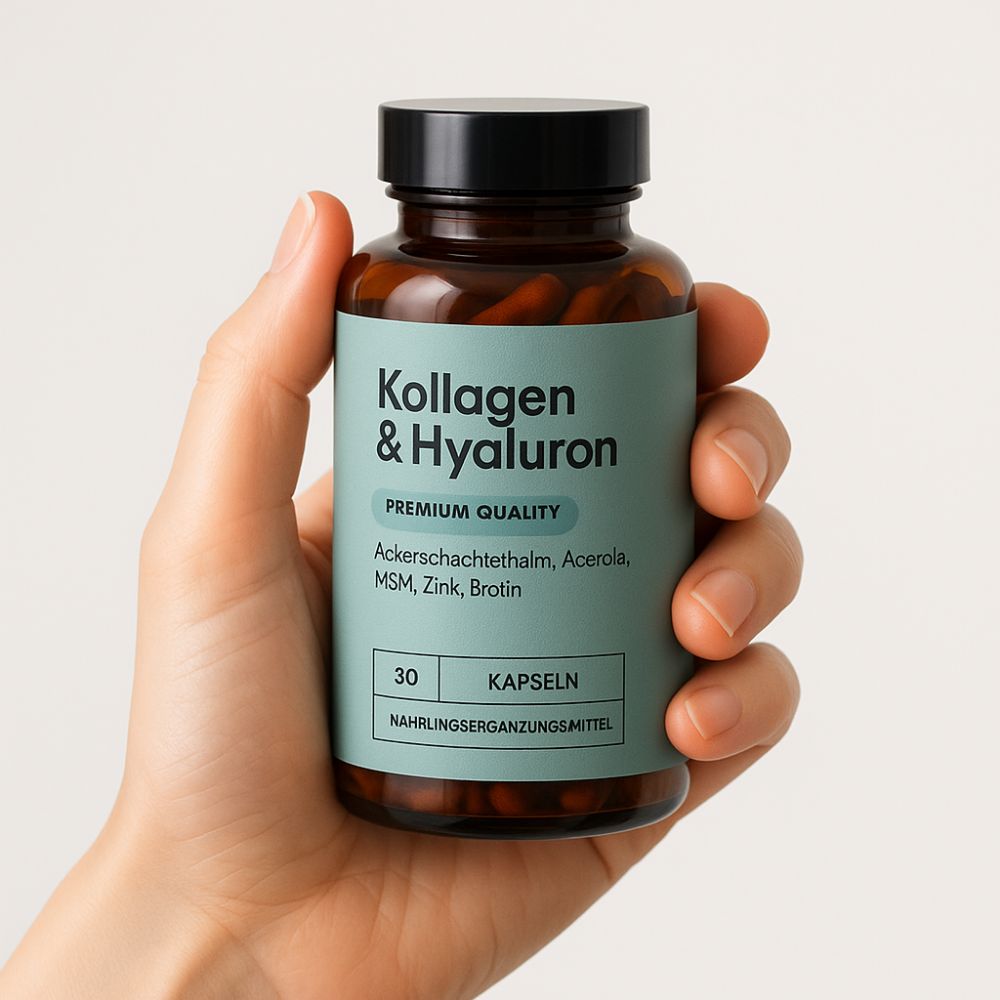 Hand hält braune Glasflasche mit schwarzem Deckel. Etikett mit Schriftzug Kollagen & Hyaluron, Inhaltsstoffe und Kapselanzahl.
